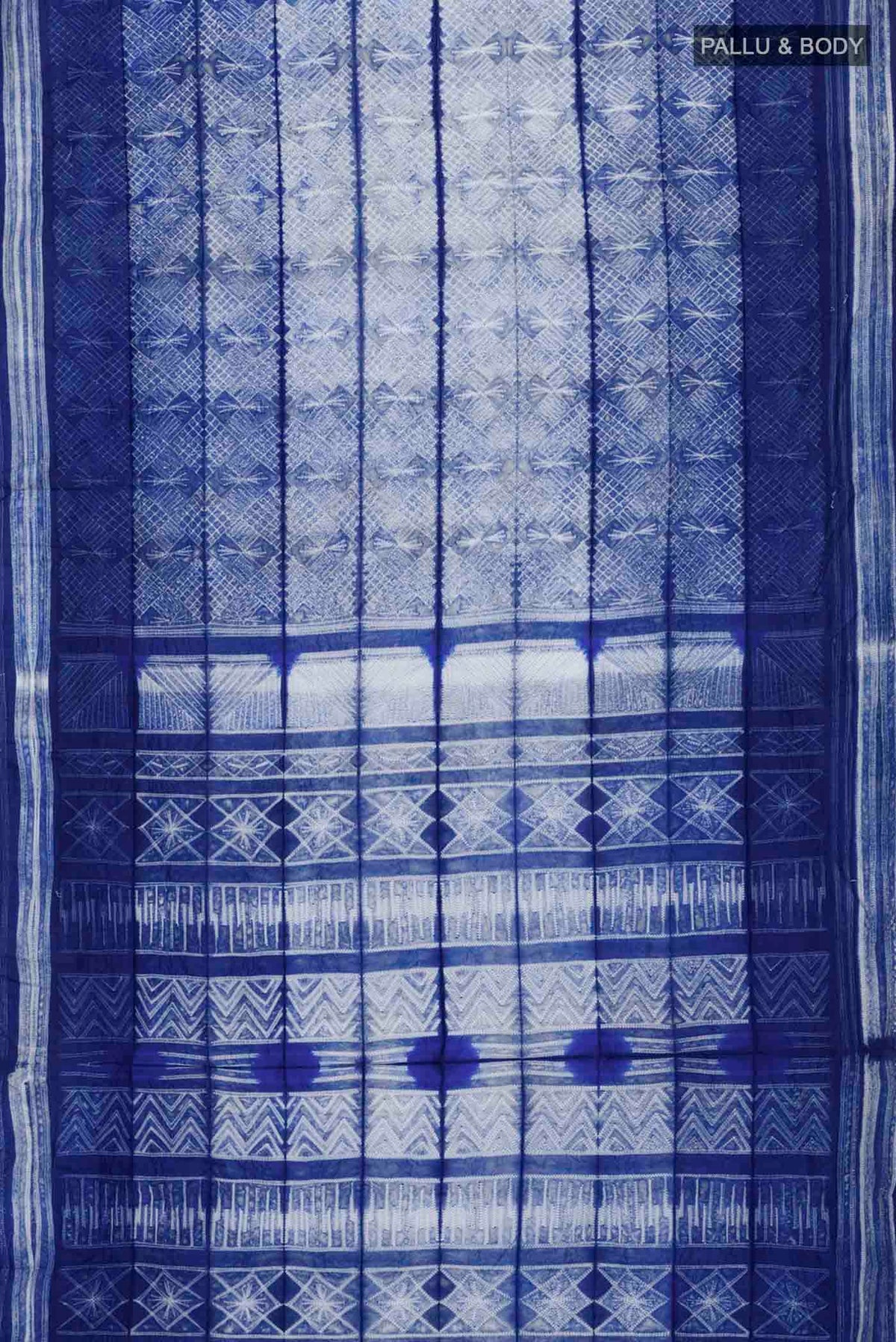 Flat view of Blue Tussar Silk Saree Printed design on the body and Printed Border