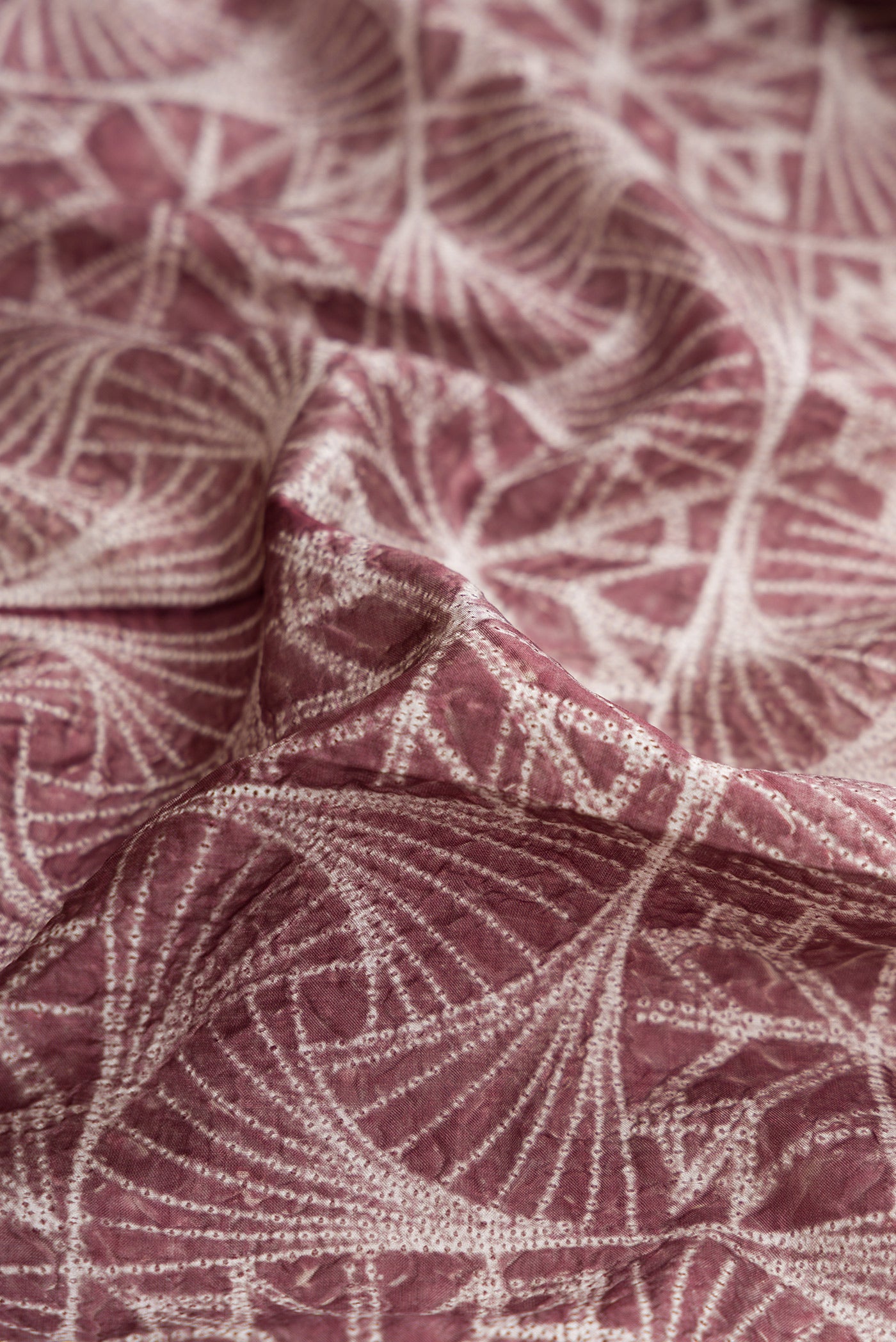 Close up of Brown Dual Tone Tussar Silk Saree with Printed design on the body and Printed Border.  displaying folds
