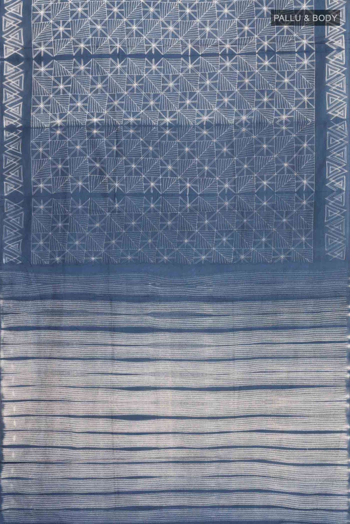 Flat view of Blue Grey Printed Silk SareePrinted design on the body and Printed Border
