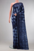 Navy Blue Dual Tone Tussar Silk Saree with Printed design on the body and Plain Border.  displayed on a mannequin