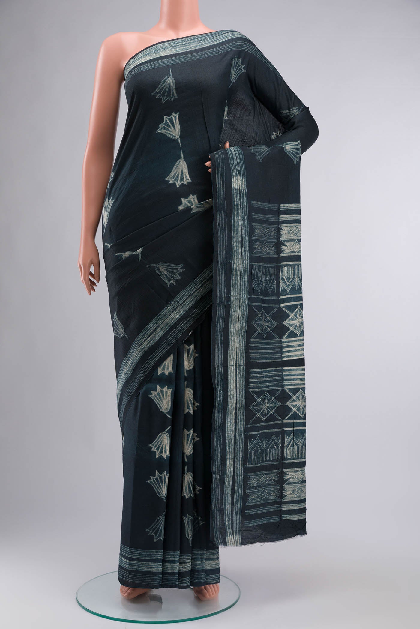 Grey Bhagalpuri Tussar Silk SareePrinted design on the body and Printed Border displayed on a mannequin