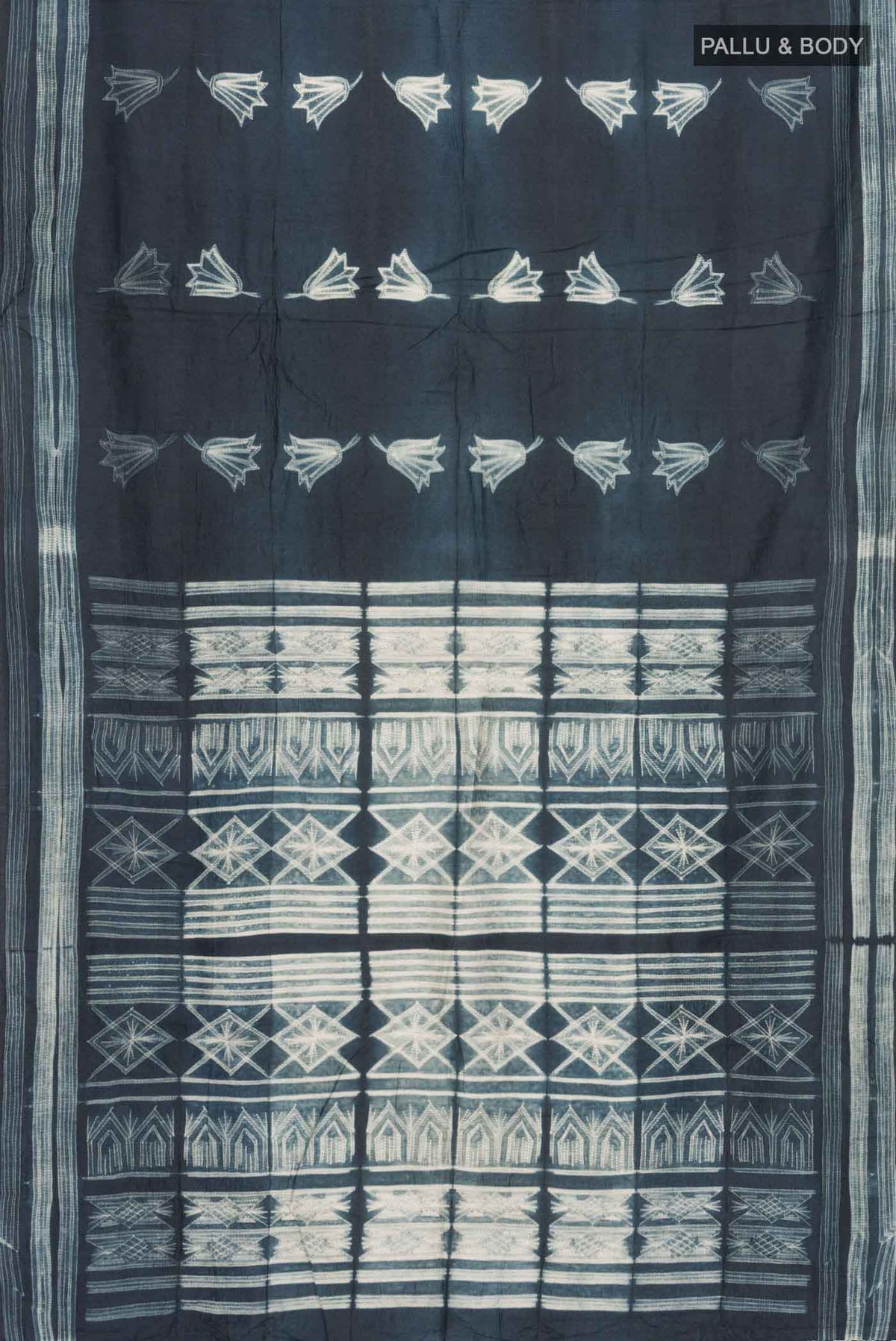 Flat view of Grey Bhagalpuri Tussar Silk SareePrinted design on the body and Printed Border