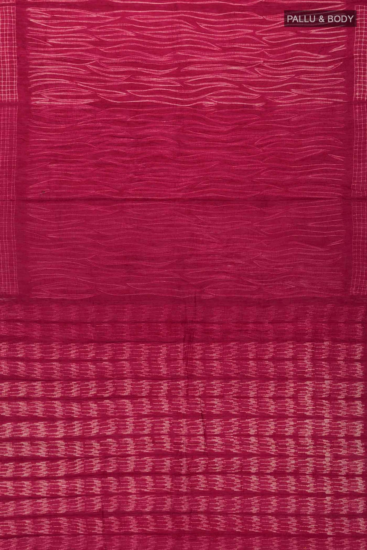Flat view of Maroon Tussar Silk Saree Printed design on the body and Without Border