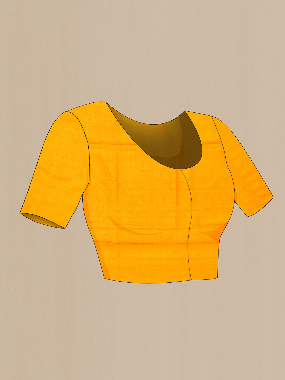 Close up image of the blouse of Mustard Dual Tone Tussar Silk Saree with Printed design on the body and Without Border. 