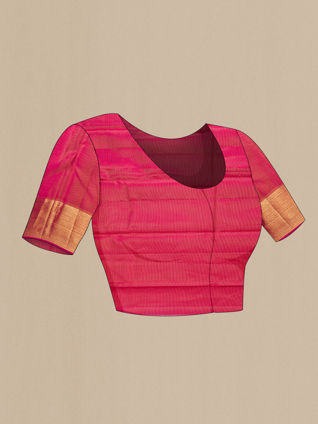 Close up image of the blouse of Maroon Dual Tone Kanchipuram Silk Saree with Zari Butta on the body and Zari Border. 