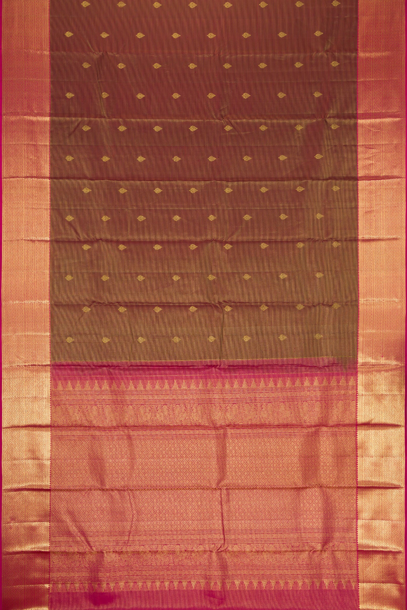 Flat view of Maroon Dual Tone Kanchipuram Silk Saree with Zari Butta on the body and Zari Border. 