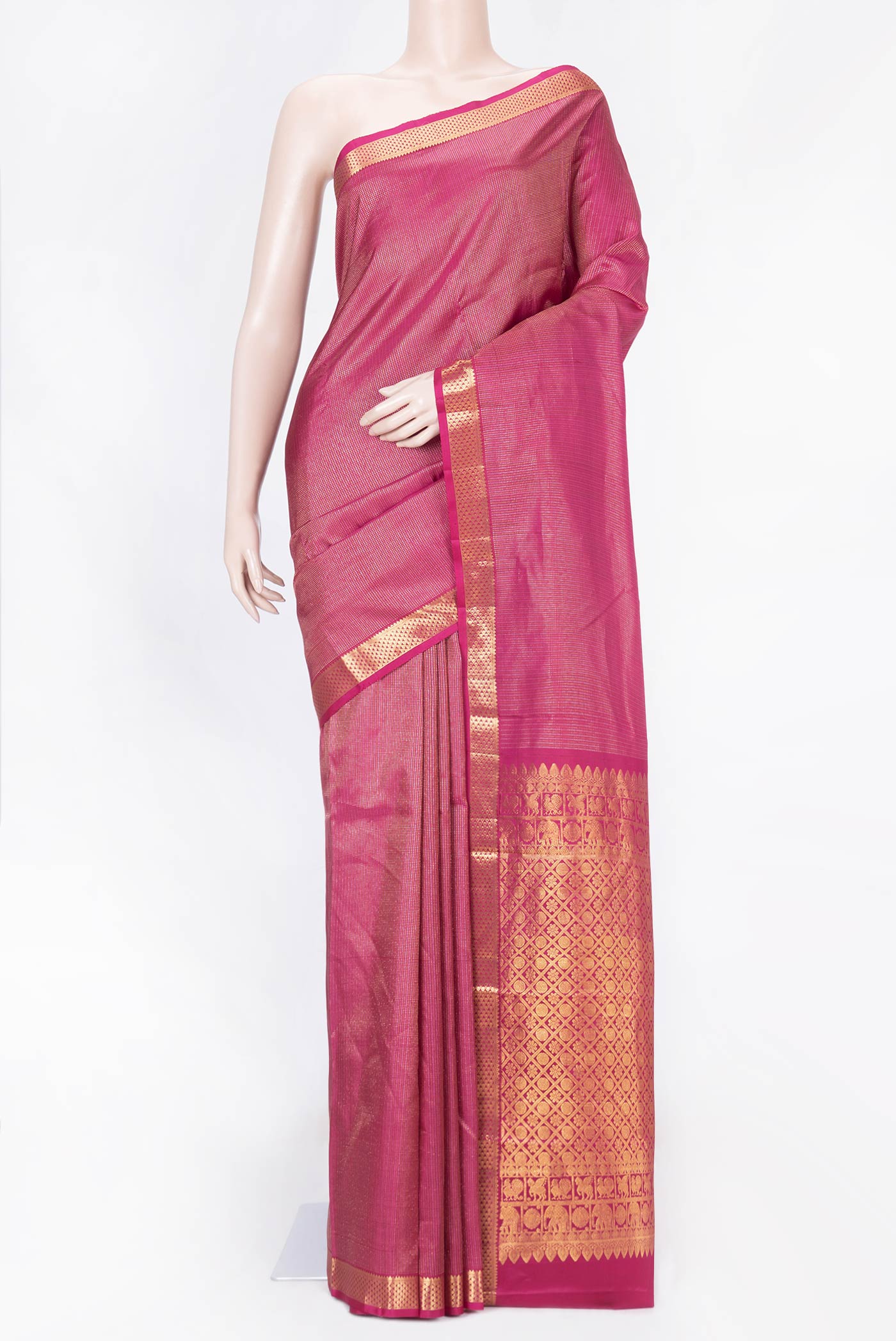 Pink Dual Tone Kanchipuram Silk Saree with Zari Brocade on the body and Zari Border displayed on a mannequin