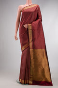 Maroon Dual Tone Kanchipuram Silk Saree with Stripes on the body and Zari Border.  displayed on a mannequin