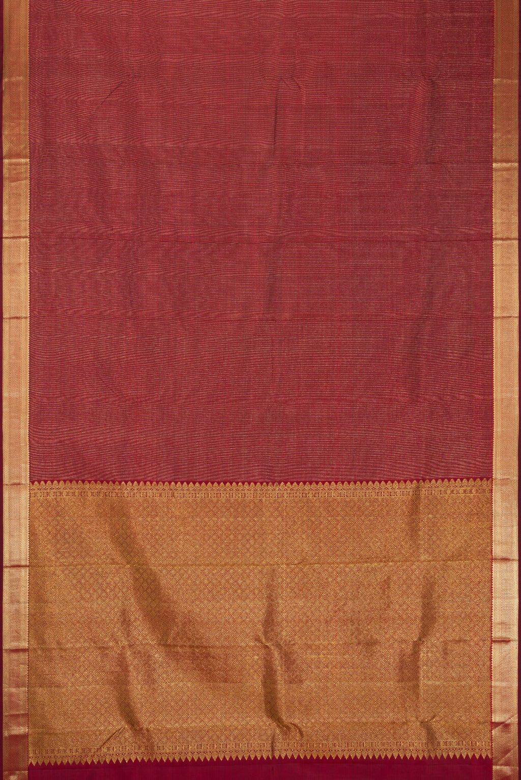 Flat view of Maroon Dual Tone Kanchipuram Silk Saree with Stripes on the body and Zari Border. 