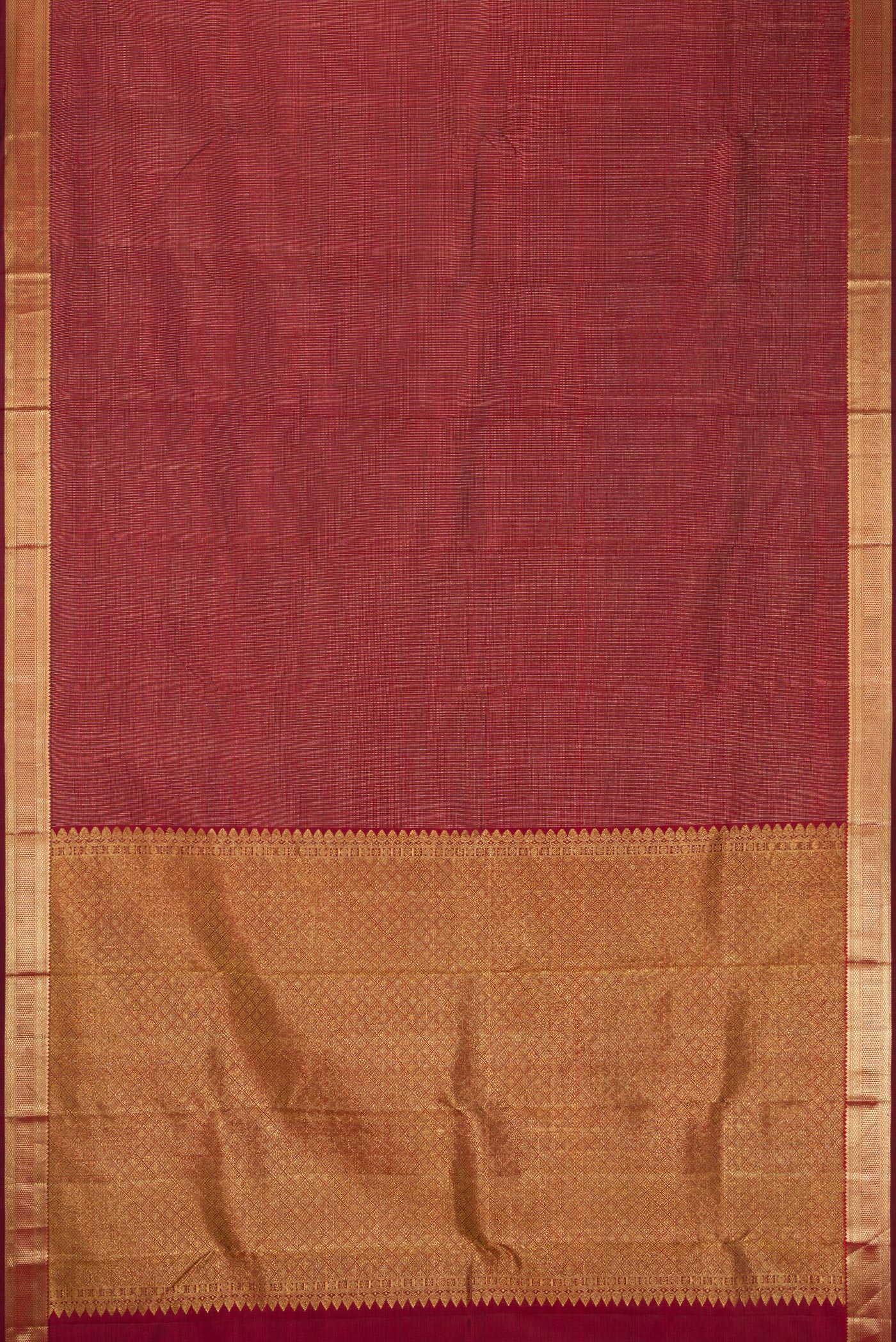 Flat view of Maroon Dual Tone Kanchipuram Silk Saree with Stripes on the body and Zari Border. 