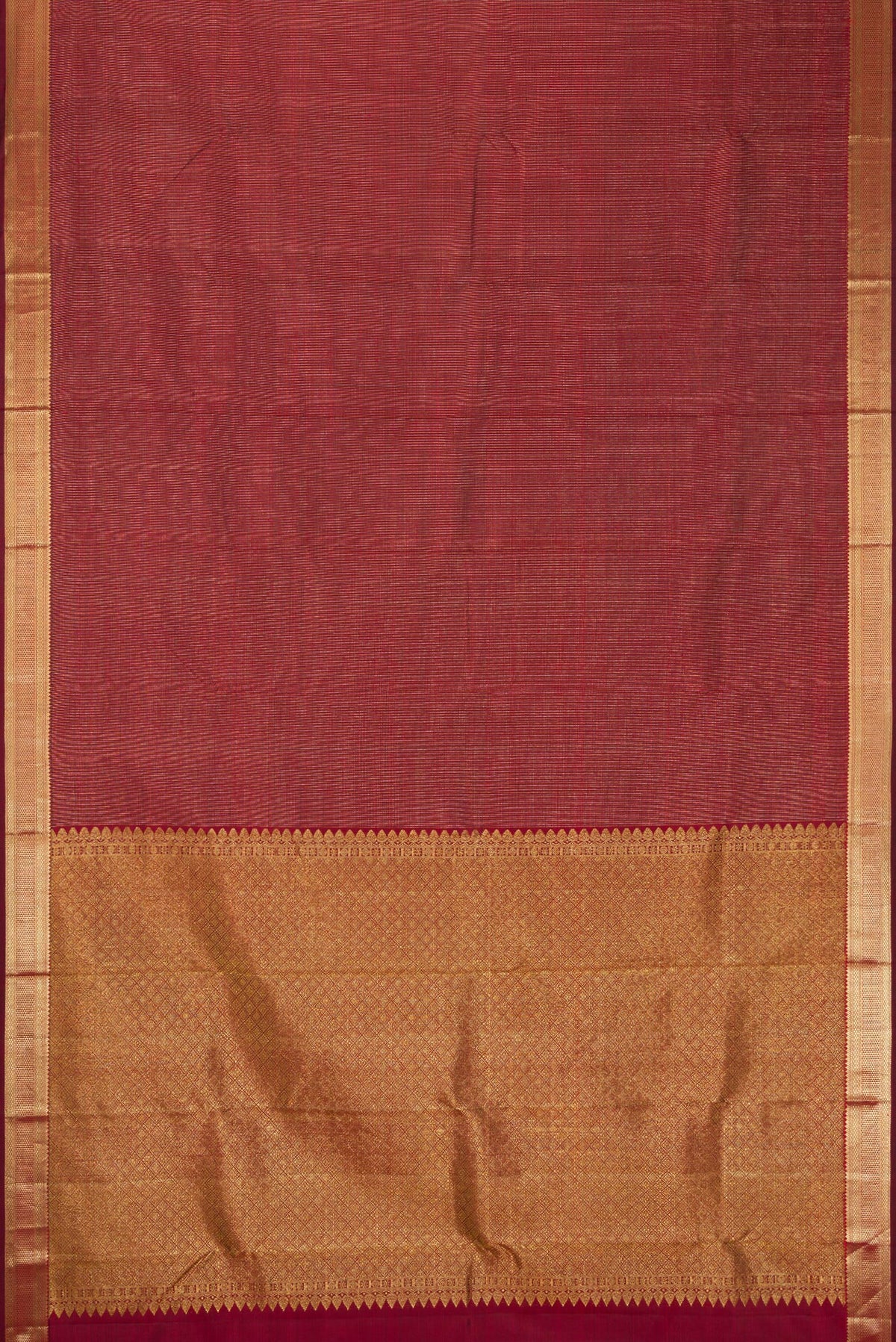 Flat view of Maroon Dual Tone Kanchipuram Silk Saree with Stripes on the body and Zari Border. 