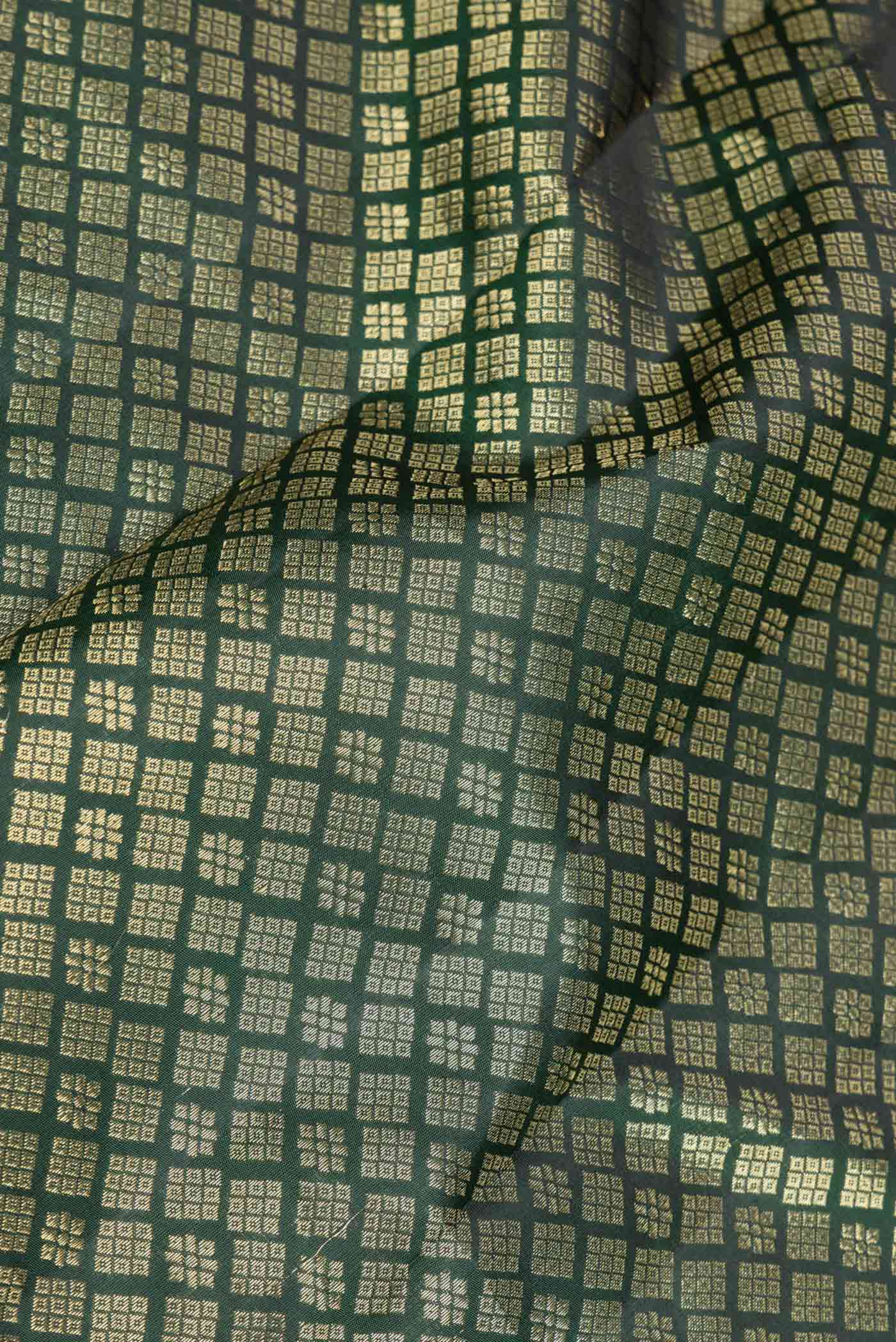 Close up of Green Dual Tone Kanchipuram Saree with Zari Brocade on the body and Zari Border displaying folds