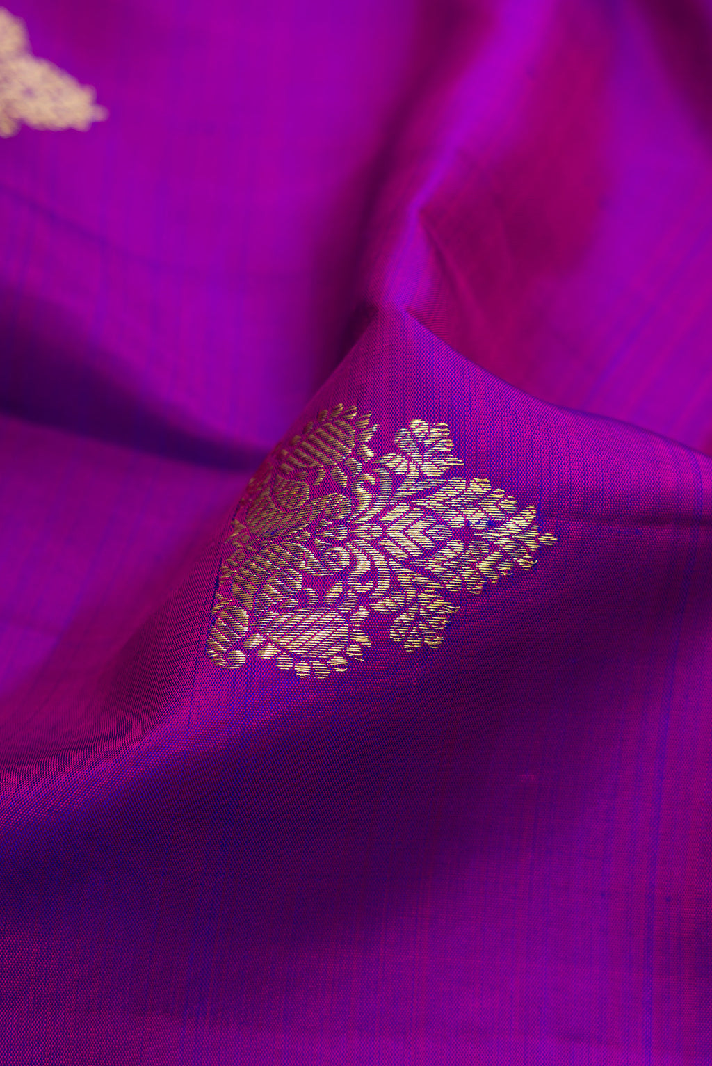 Close up of Purple Kanjivaram Silk Saree with Zari Butta on the body and Fancy Border.  displaying folds
