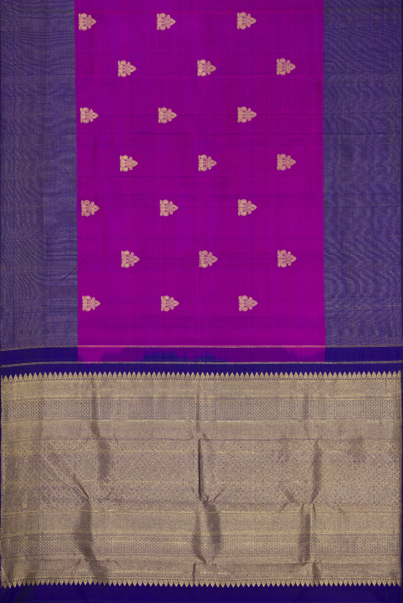 Flat view of Purple Kanjivaram Silk Saree with Zari Butta on the body and Fancy Border. 