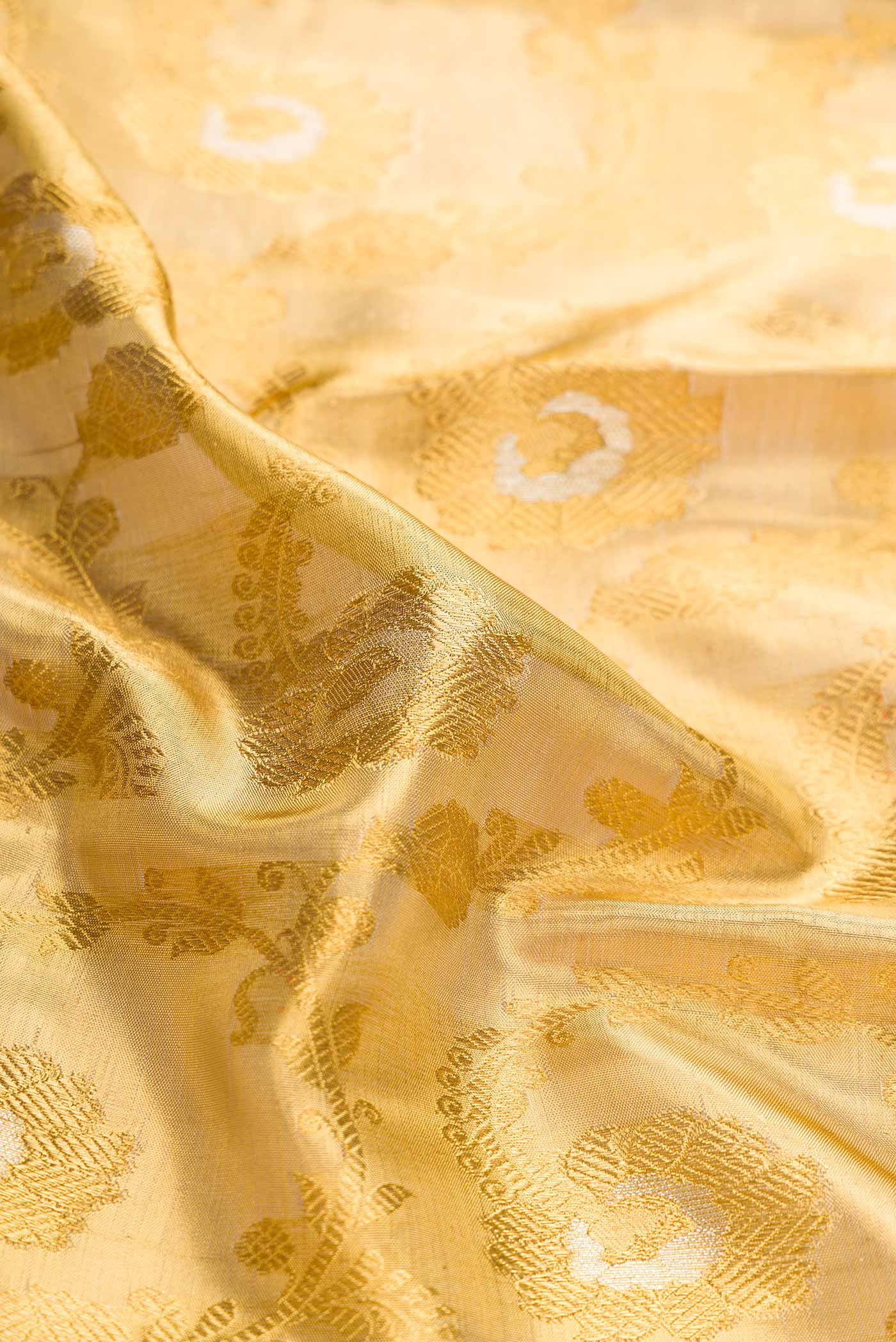 Close up of Pure Silk Pure Zari Gold Dual Tone Kanchipuram Tissue Saree with Zari Brocade on the body and Zari Border displaying folds