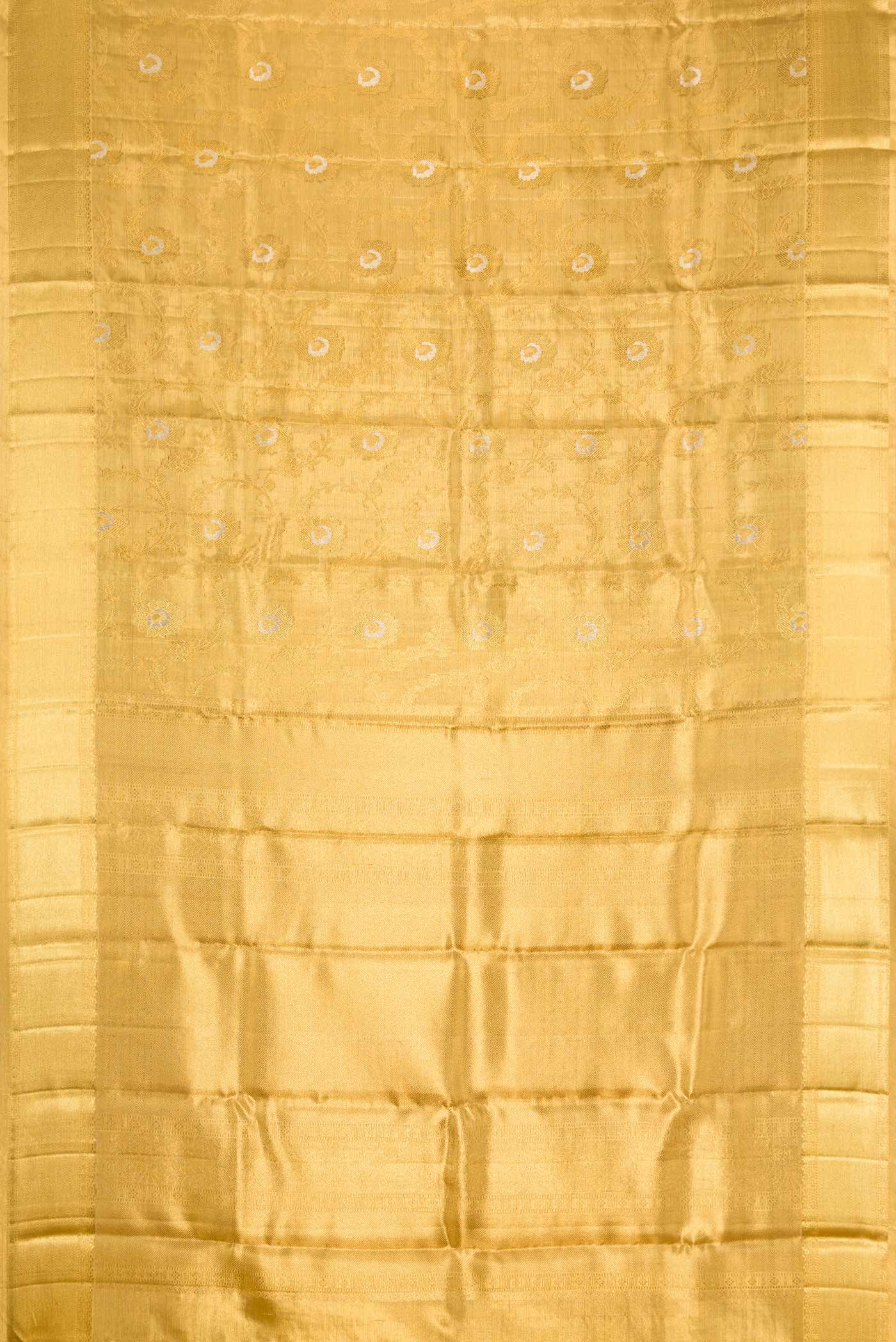 Flat view of Pure Silk Pure Zari Gold Dual Tone Kanchipuram Tissue Saree with Zari Brocade on the body and Zari Border