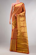 Red Dual Tone Kanchipuram Silk Saree with Zari Brocade on the body and Zari Border displayed on a mannequin