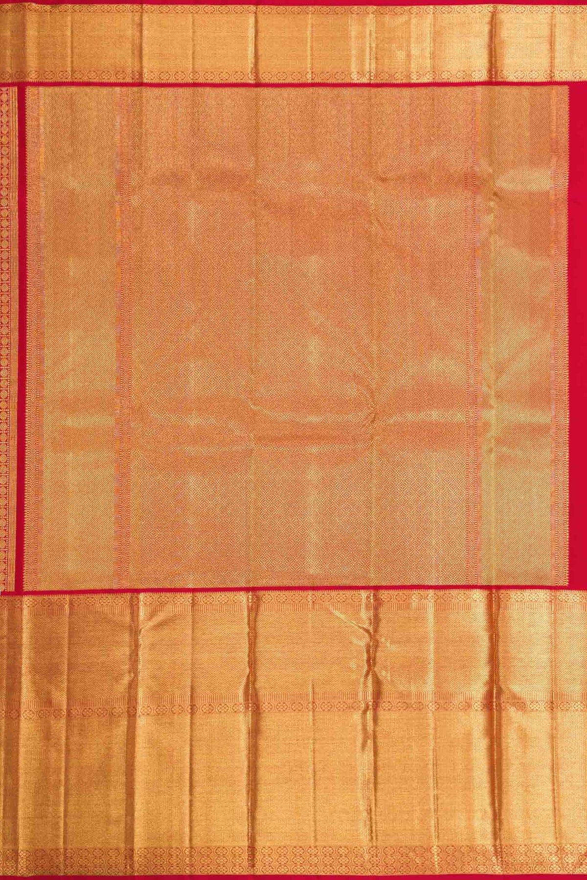 Close up image of the pallu of Red Dual Tone Kanchipuram Silk Saree with Zari Brocade on the body and Zari Border
