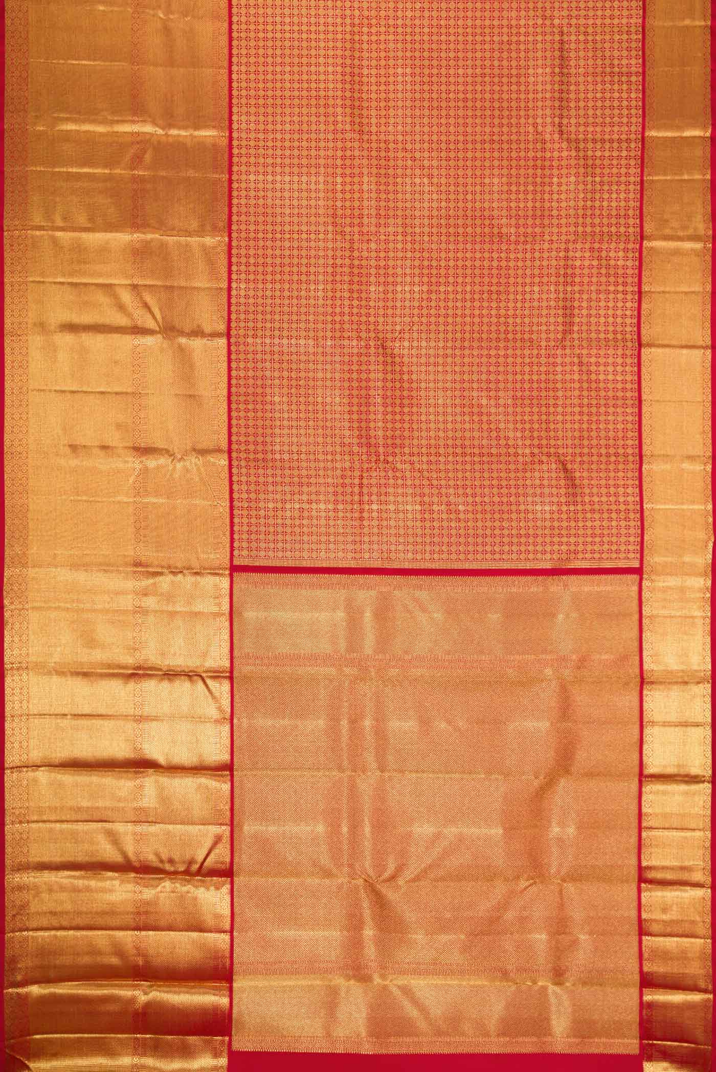 Flat view of Red Dual Tone Kanchipuram Silk Saree with Zari Brocade on the body and Zari Border