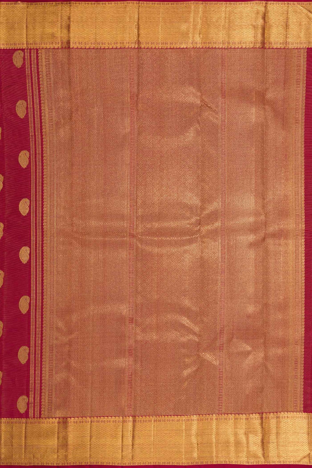 Close up image of the pallu of Pure Silk Pure Zari Red Dual Tone Kanchipuram Saree with Zari Butta on the body and Zari Border