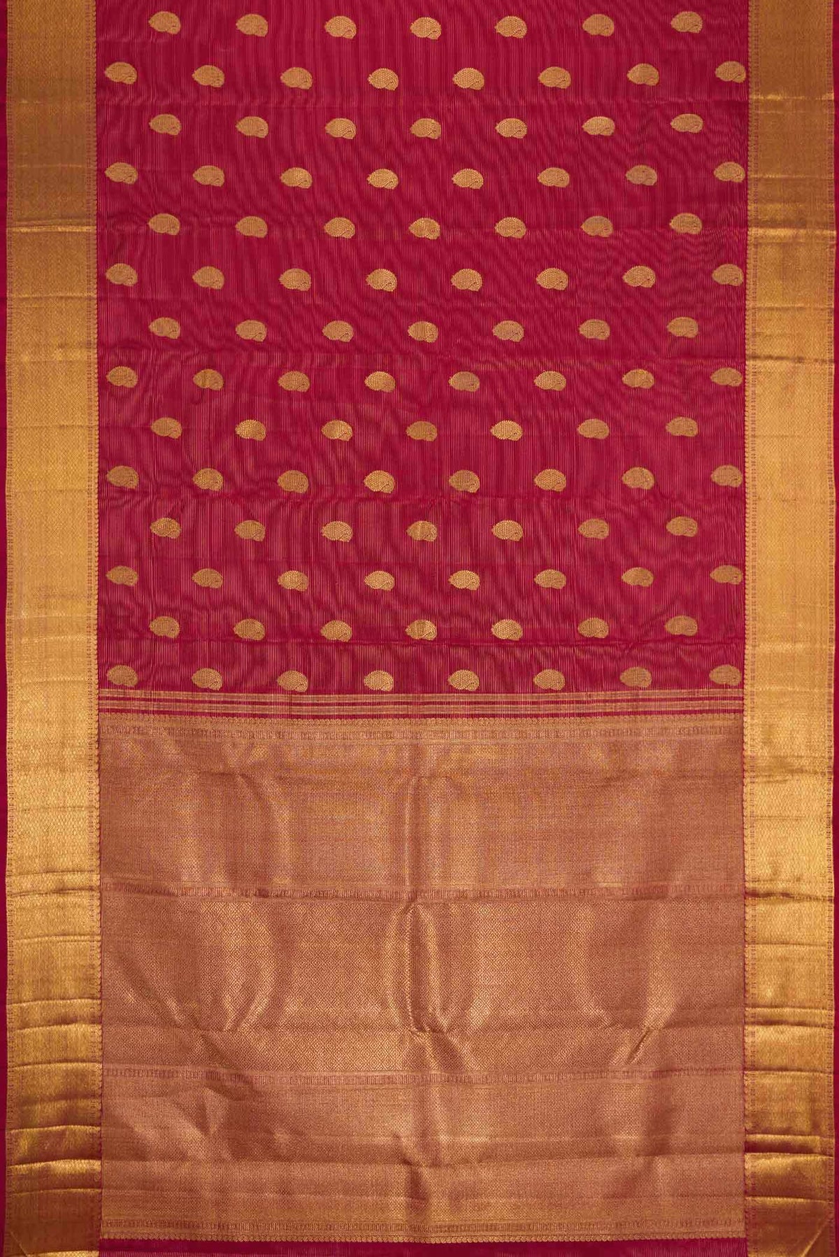 Flat view of Pure Silk Pure Zari Red Dual Tone Kanchipuram Saree with Zari Butta on the body and Zari Border