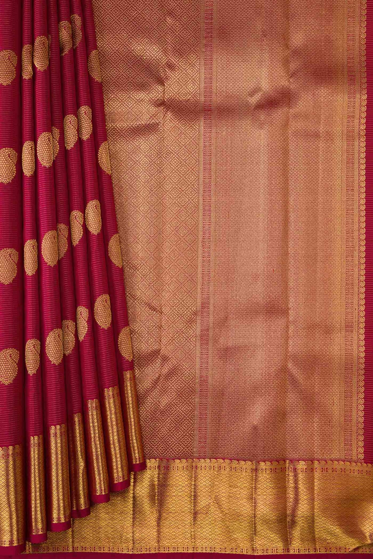 Pleats and pallu of Pure Silk Pure Zari Red Dual Tone Kanchipuram Saree with Zari Butta on the body and Zari Border