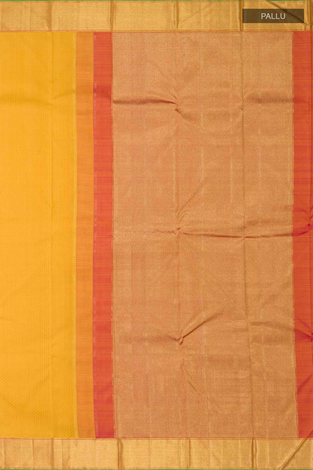 Close up image of the pallu of Yellow Kanchipuram Silk Saree with Jacquard design on the body and Zari Border