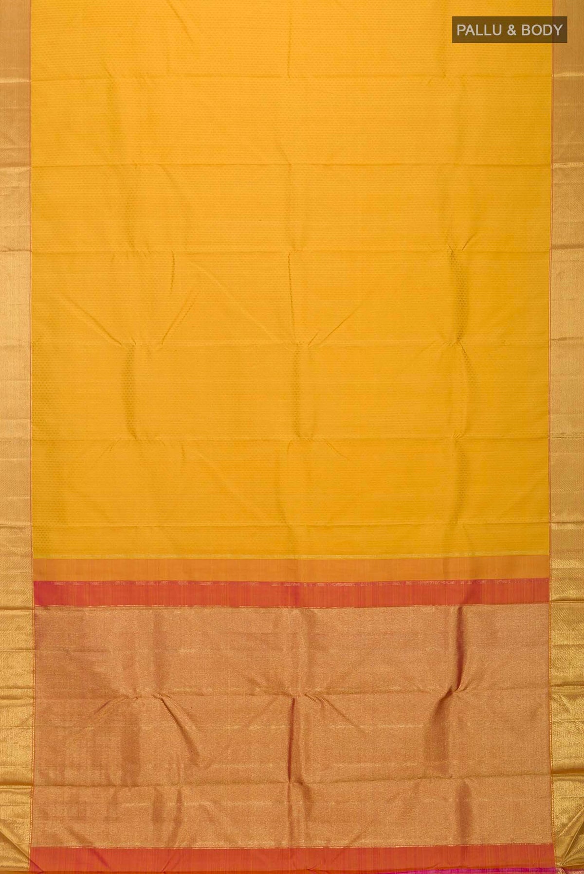 Flat view of Yellow Kanchipuram Silk Saree with Jacquard design on the body and Zari Border