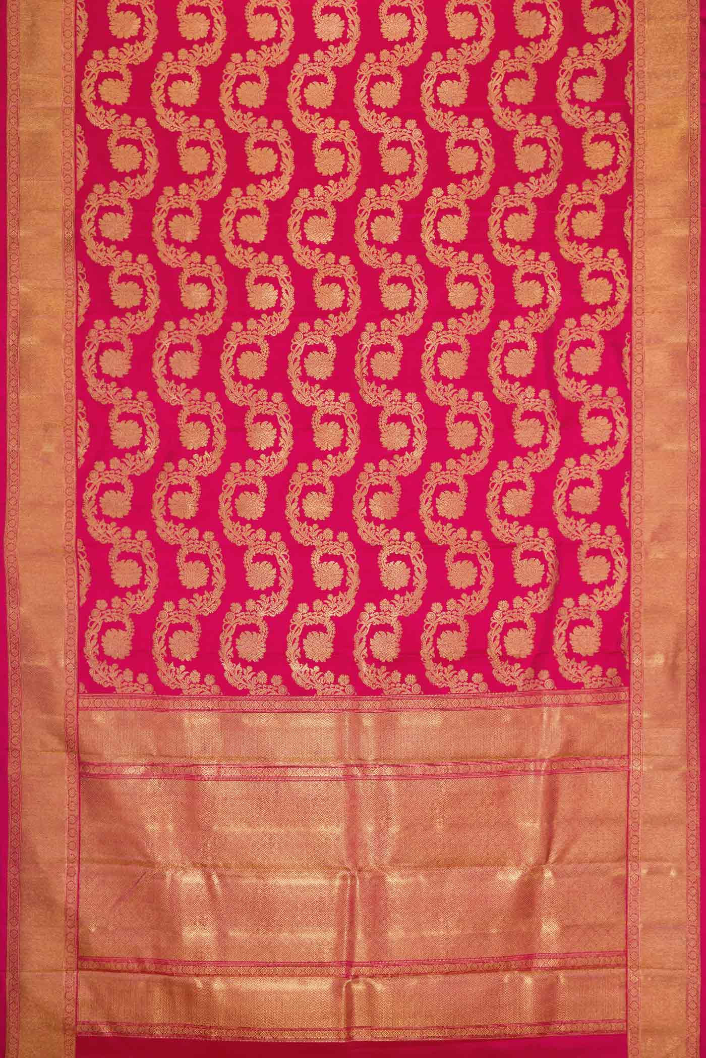 Flat view of Pure Silk Pure Zari Dark Pink Dual Tone Kanchipuram Saree with Zari Brocade on the body and Zari Border