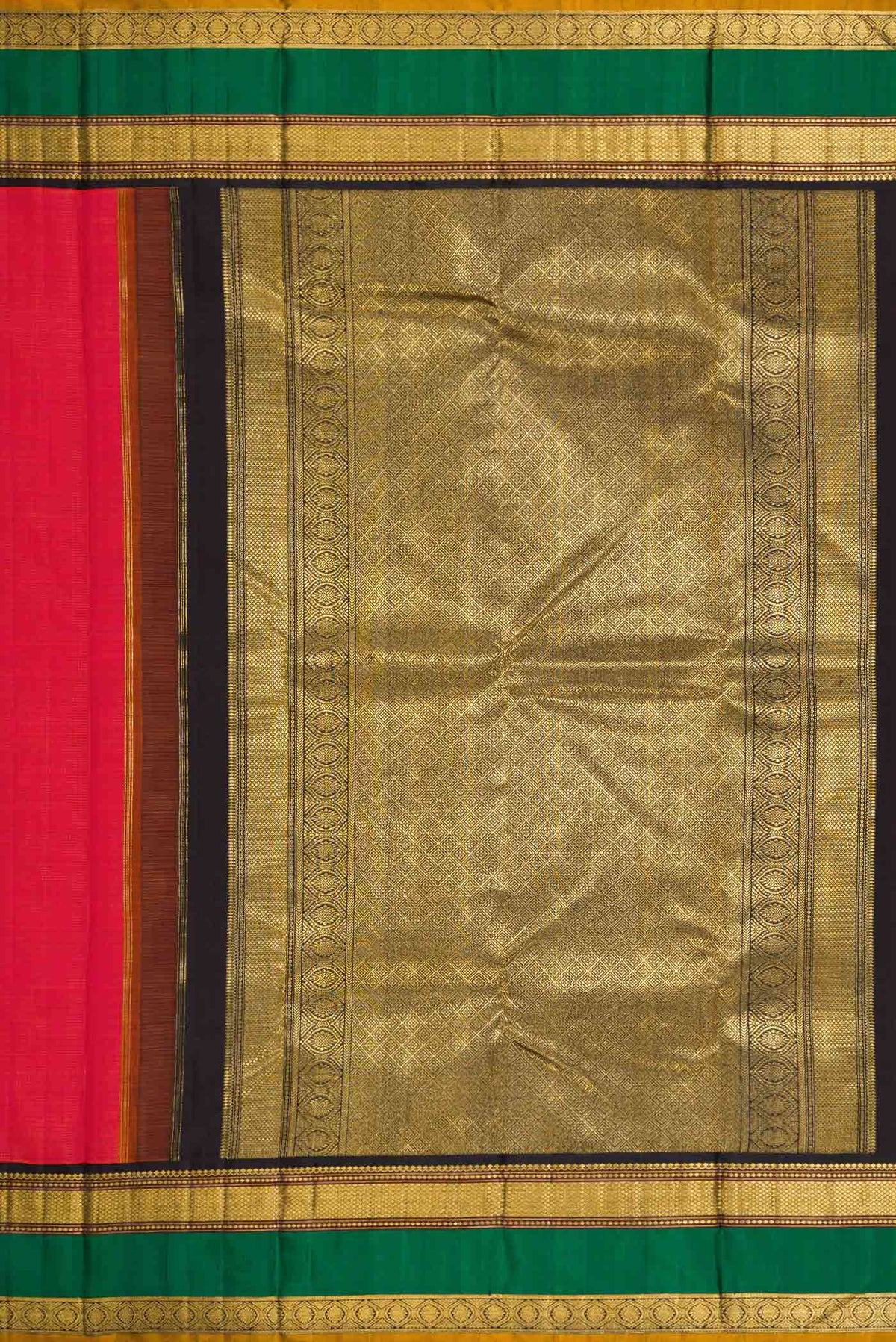 Close up image of the pallu of Pure Silk Pure Zari Dark Pink Dual Tone Kanchipuram Saree with Stripes on the body and Zari Border