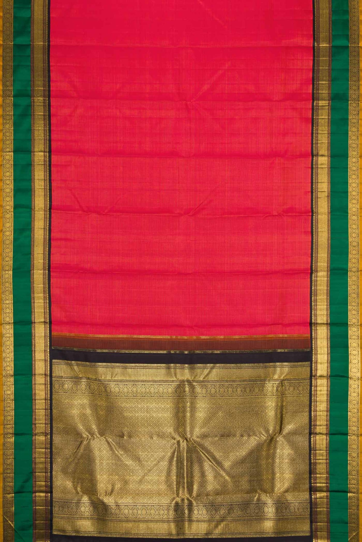 Flat view of Pure Silk Pure Zari Dark Pink Dual Tone Kanchipuram Saree with Stripes on the body and Zari Border