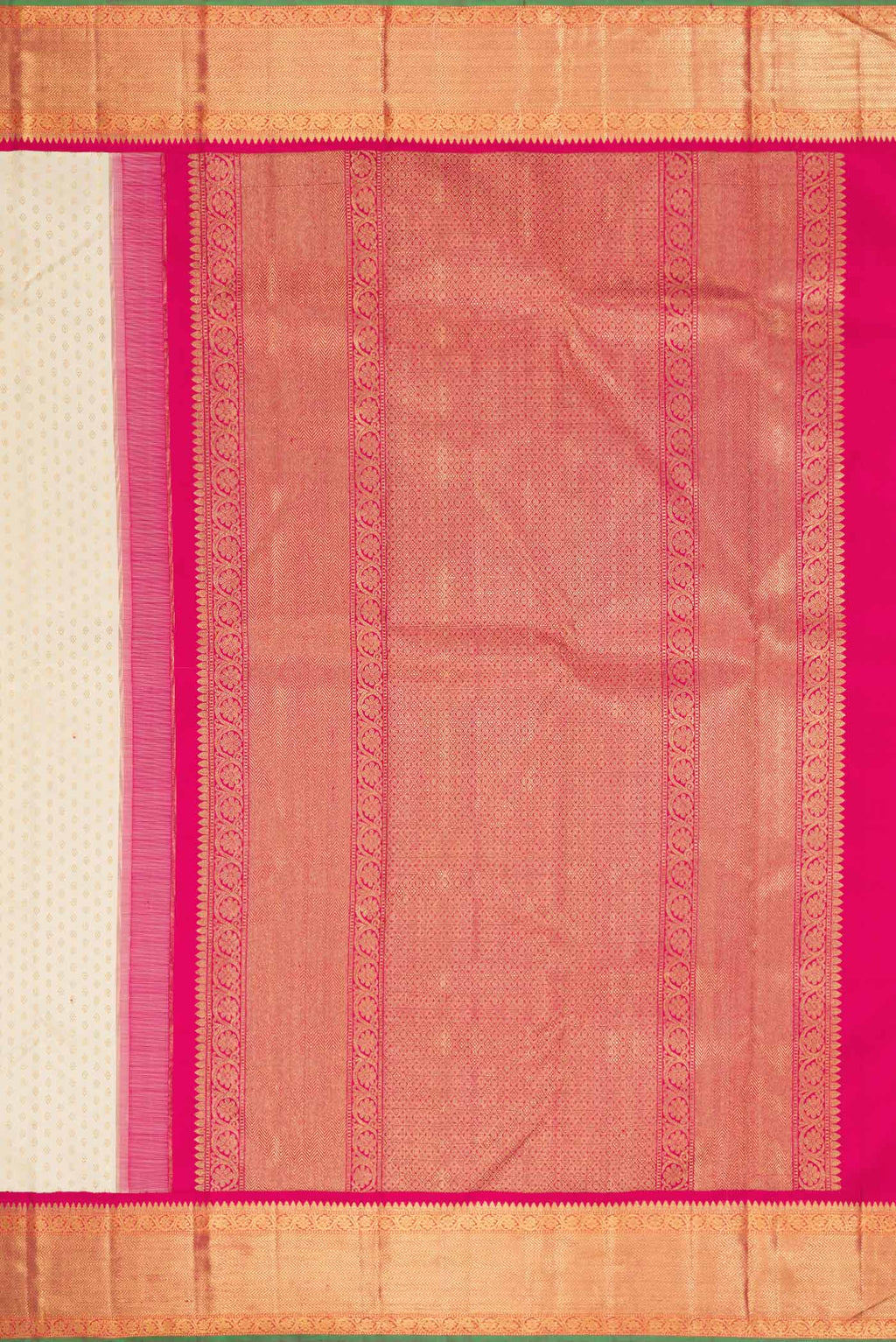 Close up image of the pallu of Off White Dual Tone Kanchipuram Silk Saree with Zari Brocade on the body and Zari Border