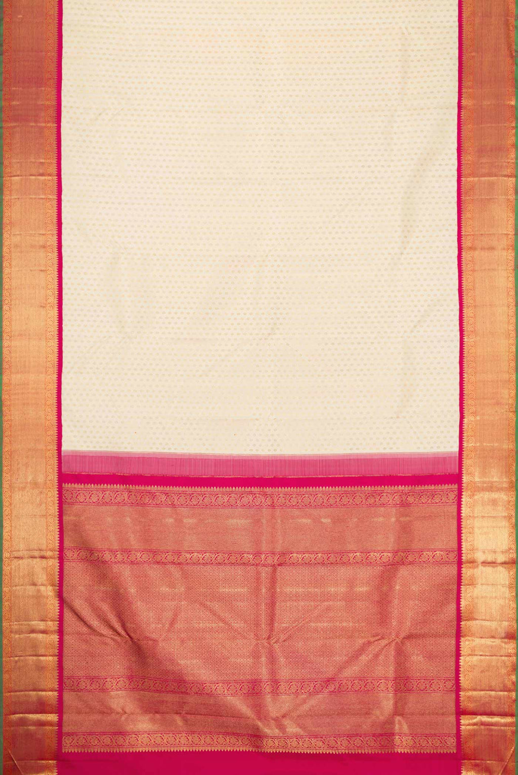 Flat view of Off White Dual Tone Kanchipuram Silk Saree with Zari Brocade on the body and Zari Border