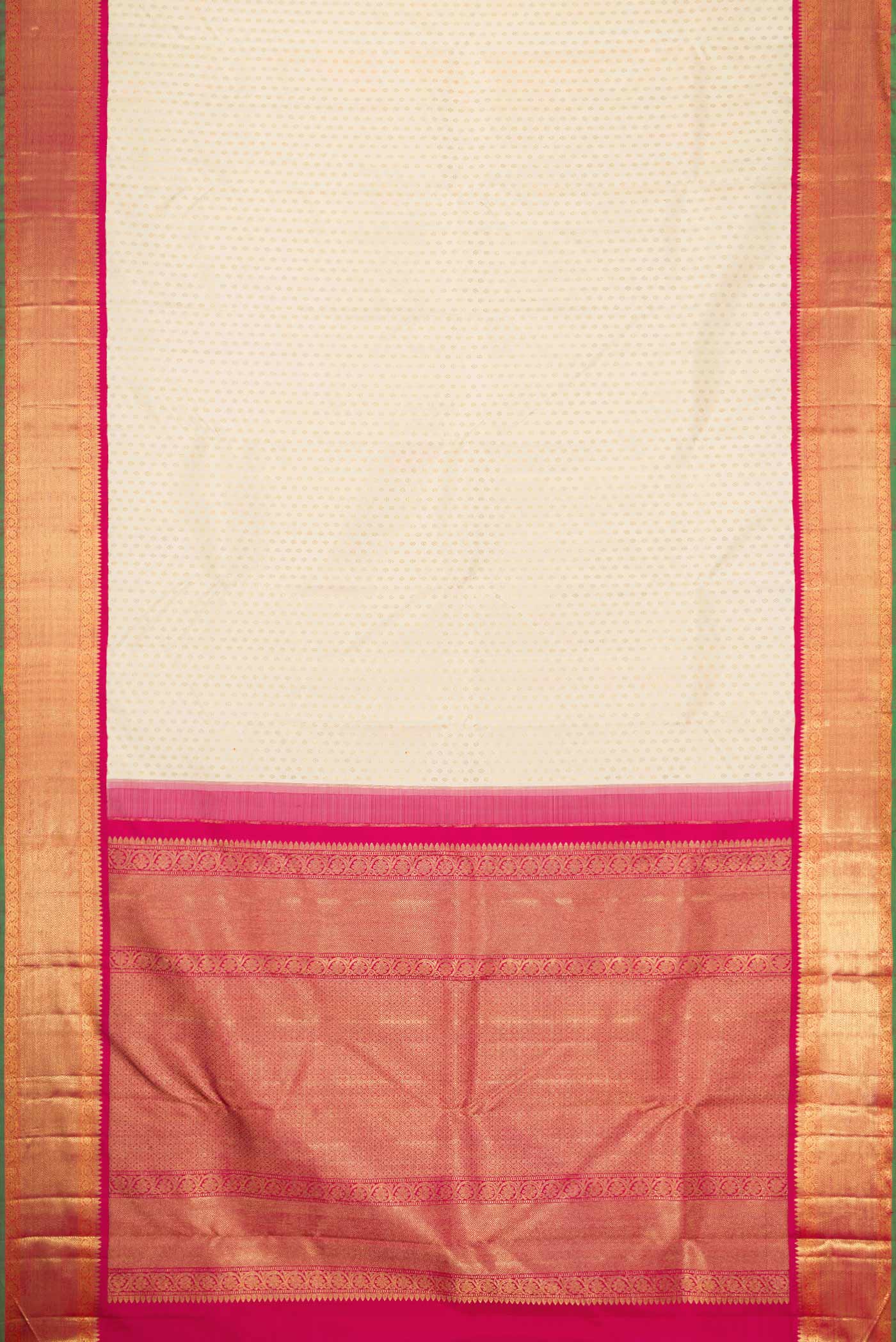 Flat view of Off White Dual Tone Kanchipuram Silk Saree with Zari Brocade on the body and Zari Border