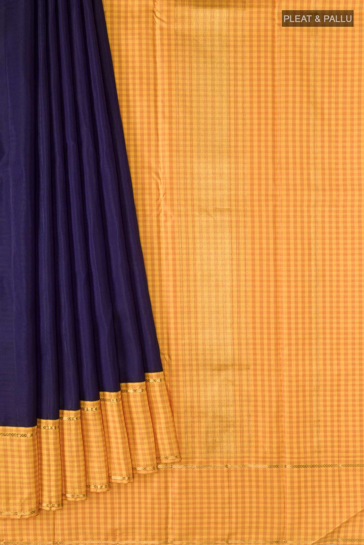 Pleats and pallu of Pure Silk Pure Zari Navy Blue Kanchipuram Saree with Plain Body and Checks Border