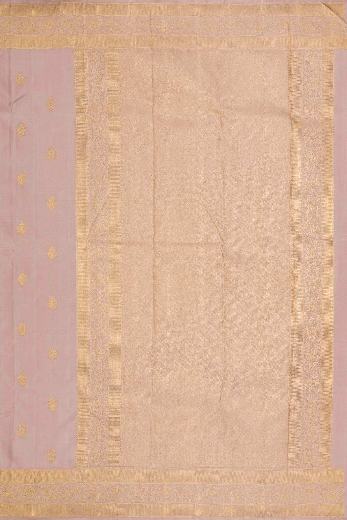 Close up image of the pallu of Pure Silk Pure Zari Rose Gold Dual Tone Kanchipuram Saree with Zari Butta on the body and Zari Border