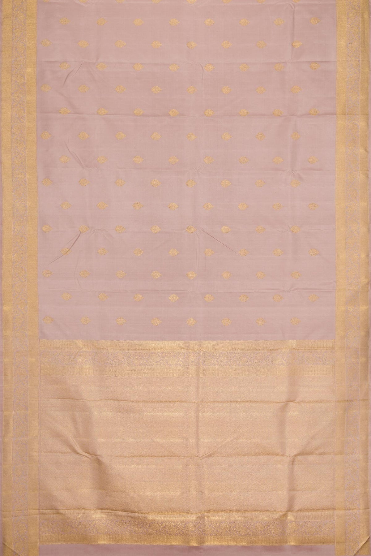 Flat view of Pure Silk Pure Zari Rose Gold Dual Tone Kanchipuram Saree with Zari Butta on the body and Zari Border