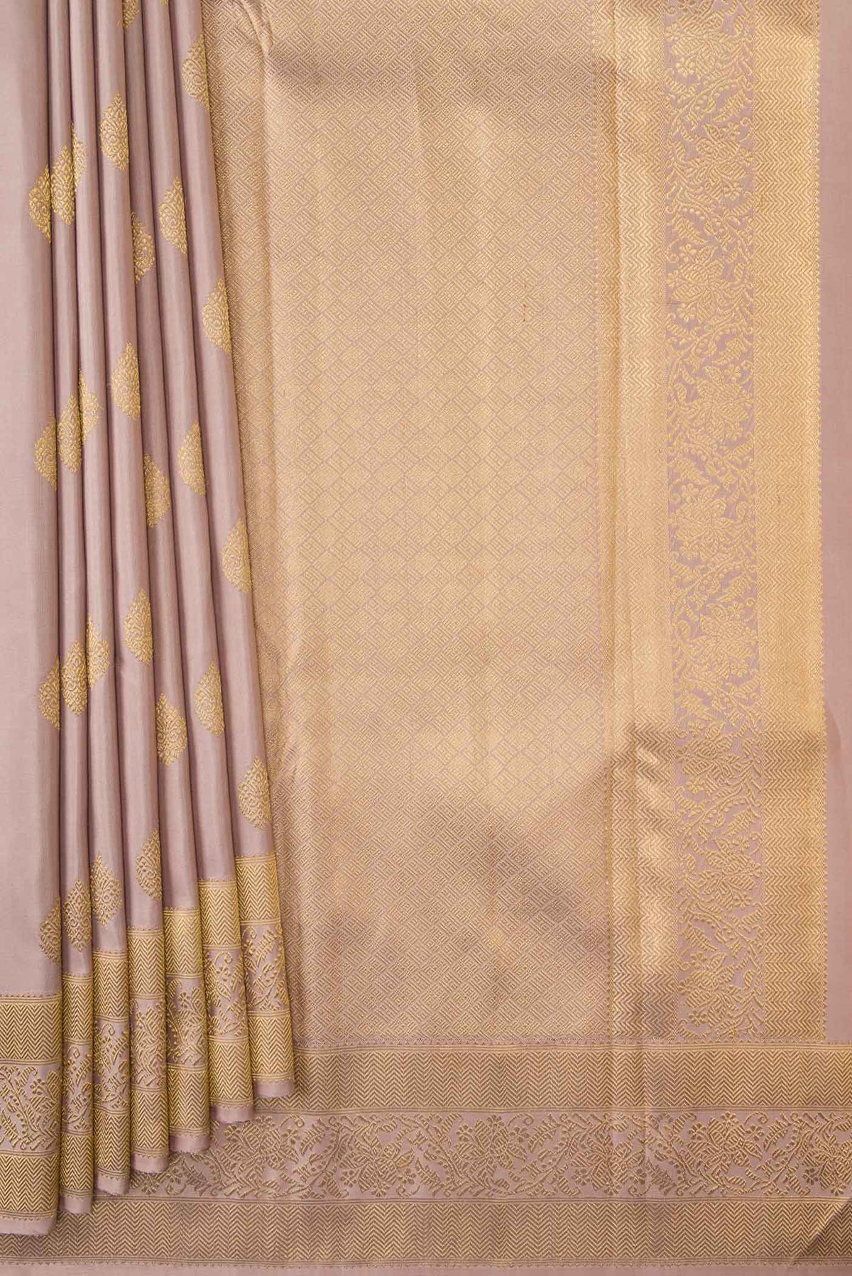 Pleats and pallu of Pure Silk Pure Zari Rose Gold Dual Tone Kanchipuram Saree with Zari Butta on the body and Zari Border