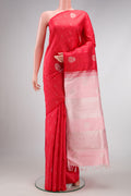 Pure Silk Pure Zari Red Dual Tone Kanjivaram Saree with Zari Butta on the body and Without Border.  displayed on a mannequin