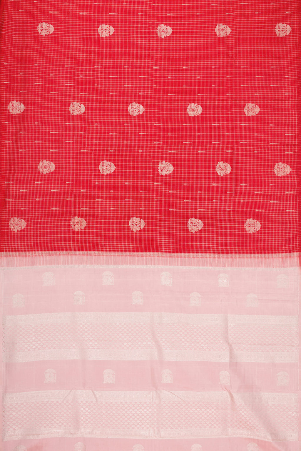 Flat view of Pure Silk Pure Zari Red Dual Tone Kanjivaram Saree with Zari Butta on the body and Without Border. 
