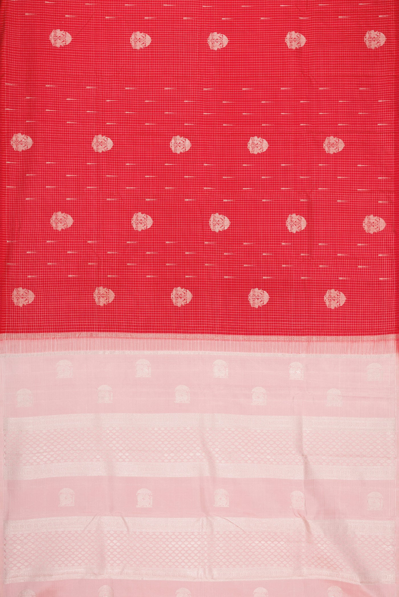 Flat view of Pure Silk Pure Zari Red Dual Tone Kanjivaram Saree with Zari Butta on the body and Without Border. 