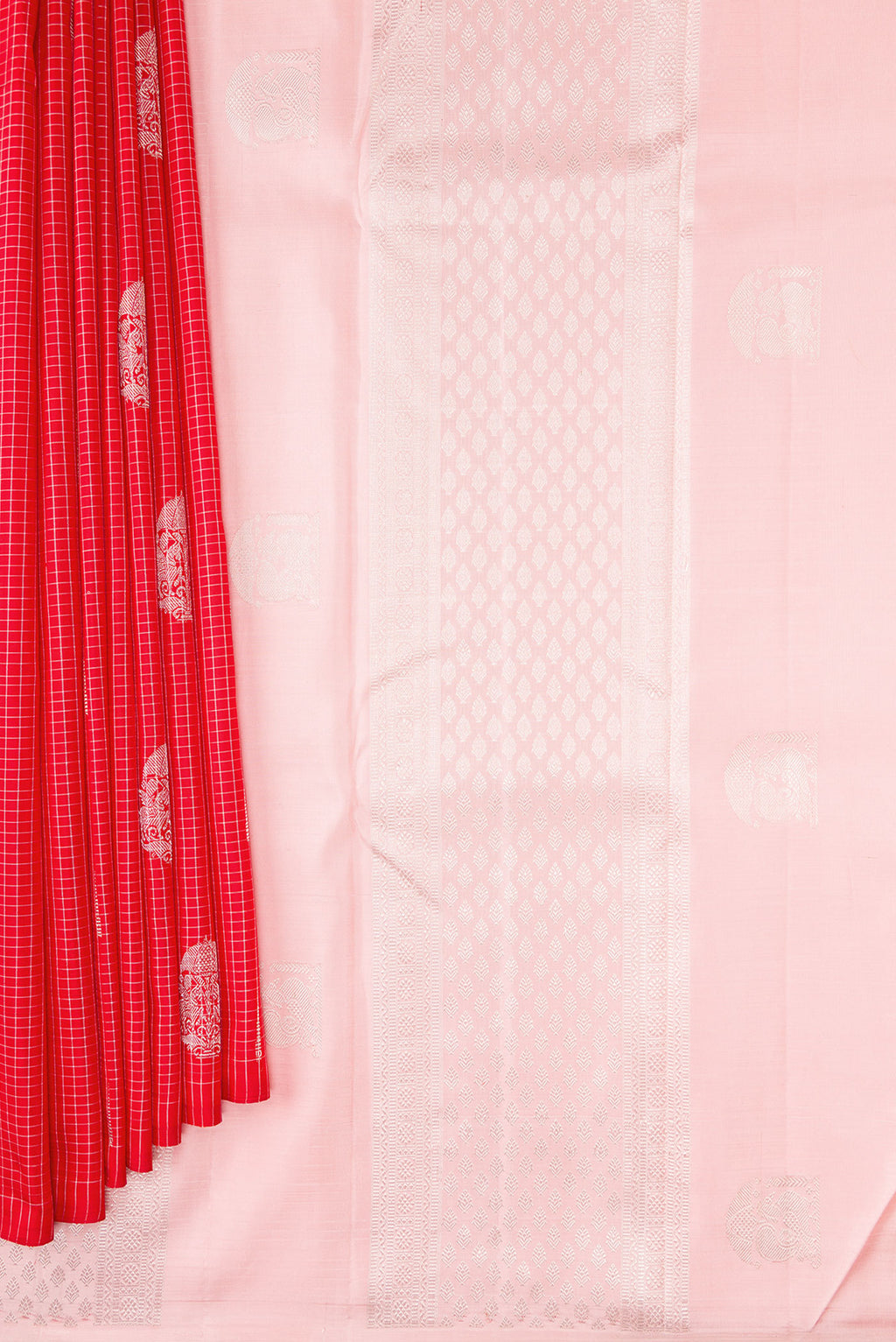 Pleats and pallu of Pure Silk Pure Zari Red Dual Tone Kanjivaram Saree with Zari Butta on the body and Without Border. 