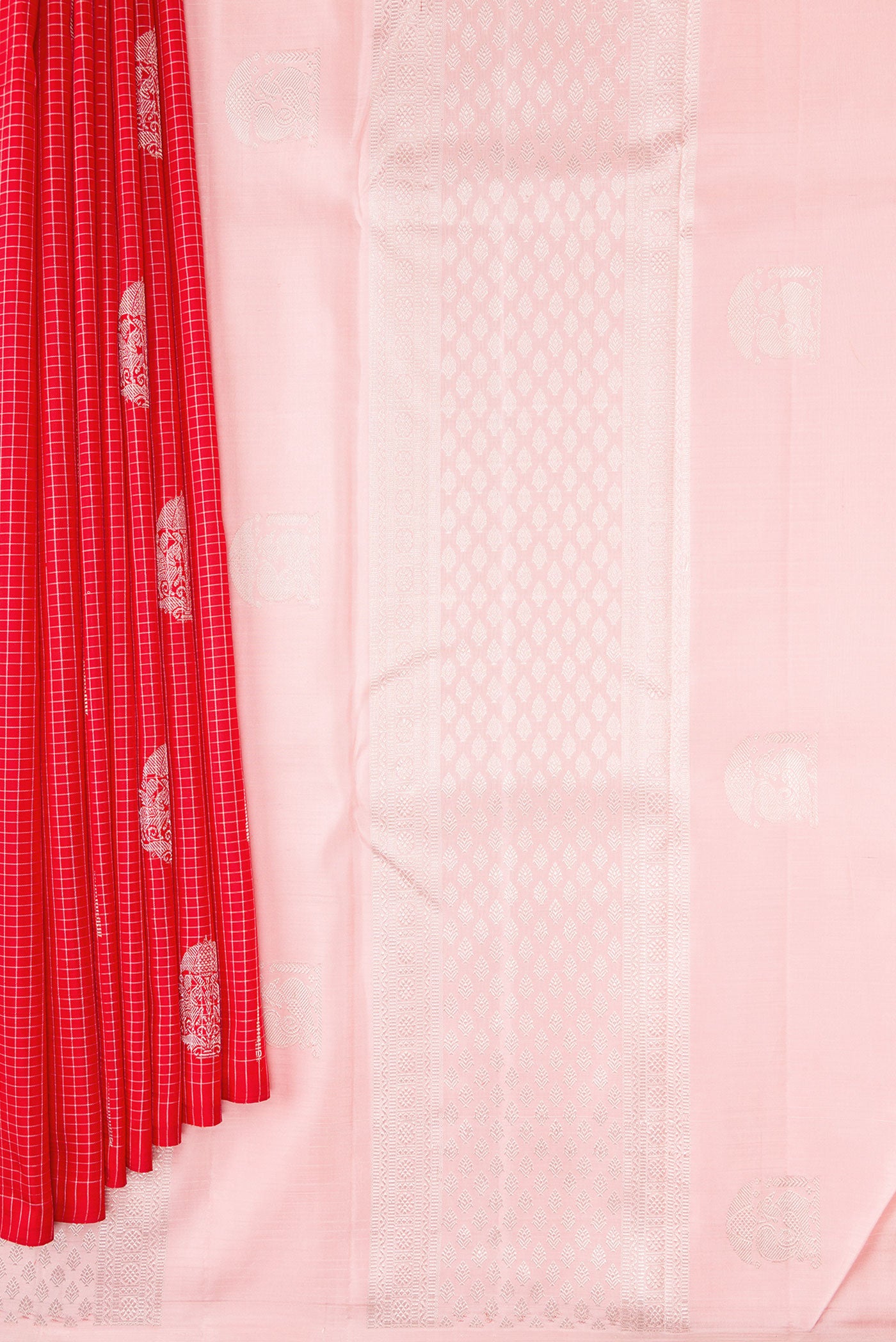 Pleats and pallu of Pure Silk Pure Zari Red Dual Tone Kanjivaram Saree with Zari Butta on the body and Without Border. 