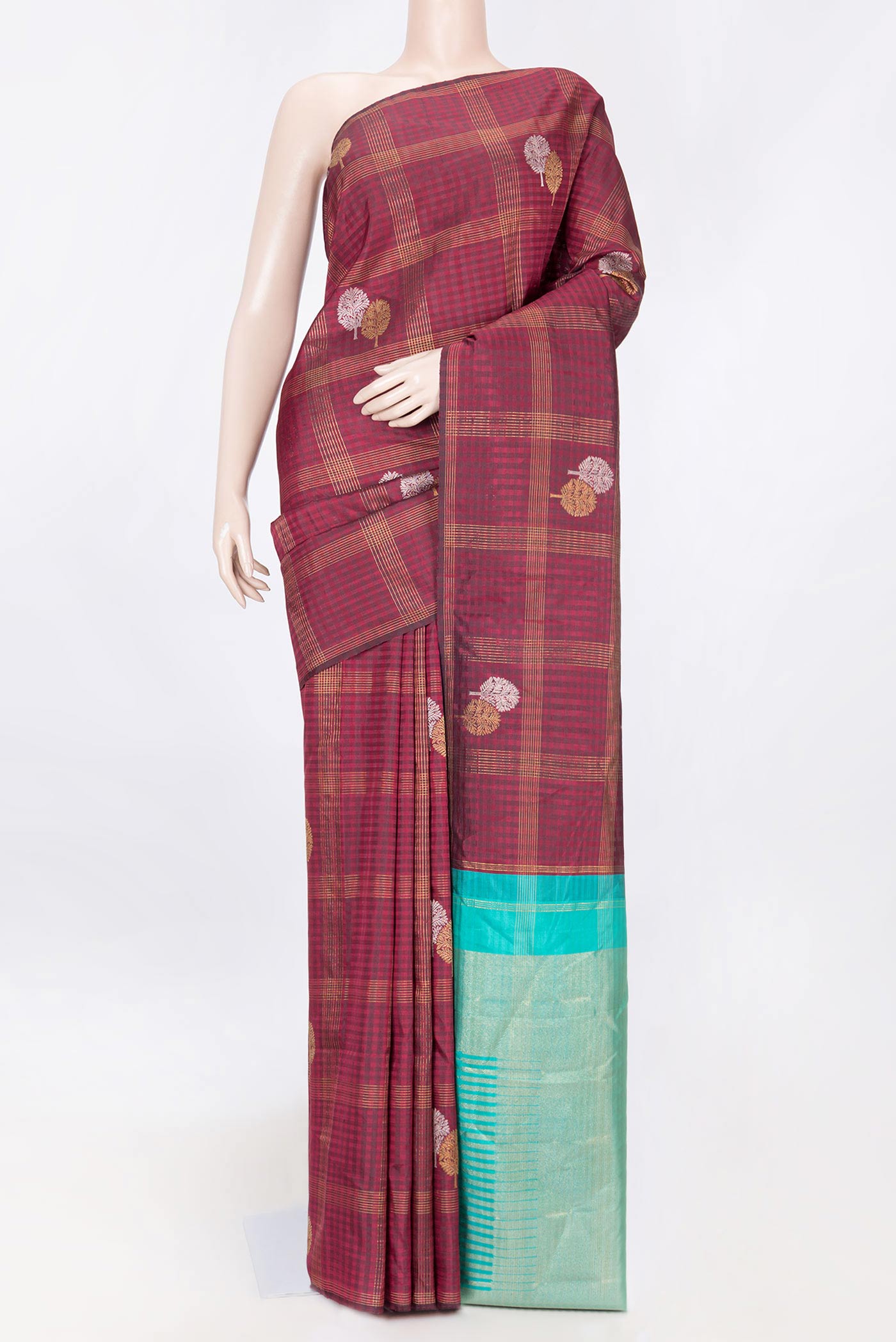 Maroon Dual Tone Kanchipuram Saree with Checked design on the body and Without Border displayed on a mannequin