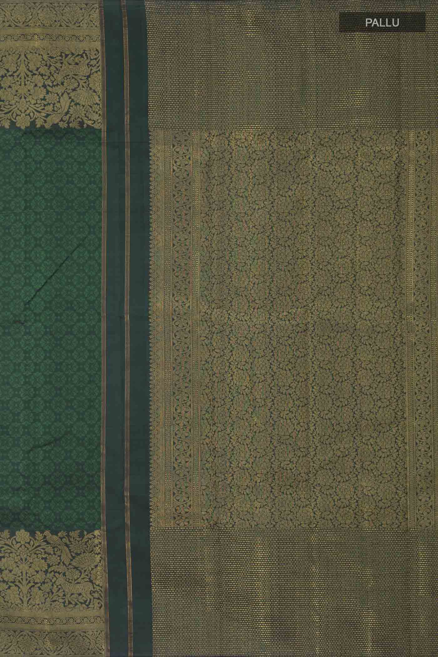 Close up image of the pallu of Green Kanchipuram Silk Saree with Jacquard design on the body and Zari Border