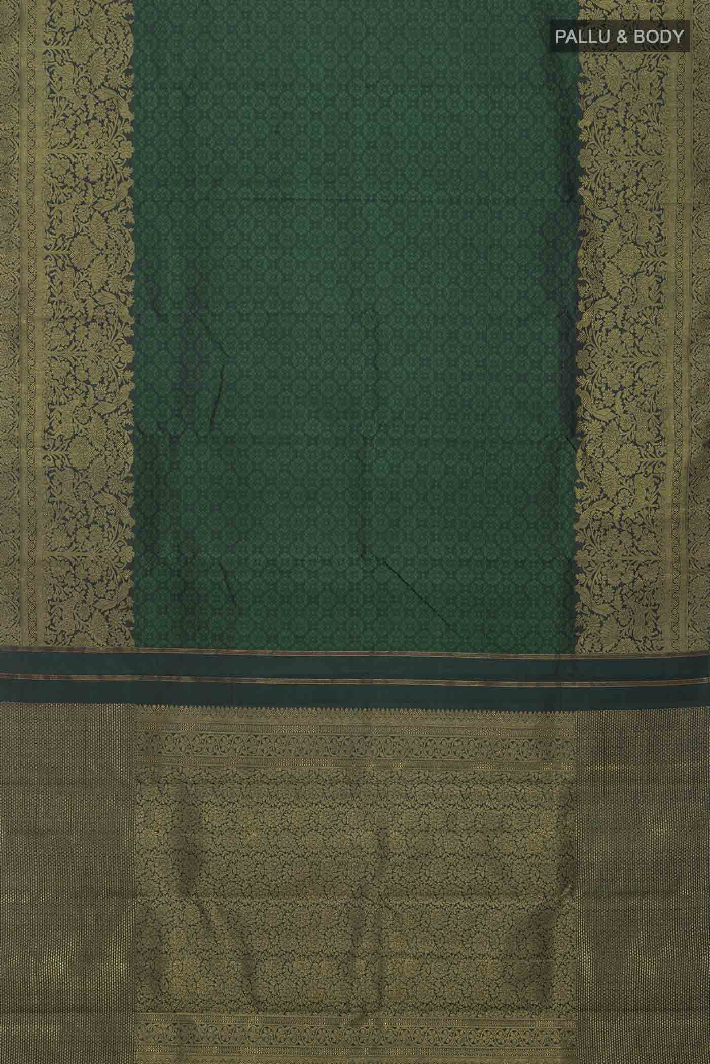 Flat view of Green Kanchipuram Silk Saree with Jacquard design on the body and Zari Border