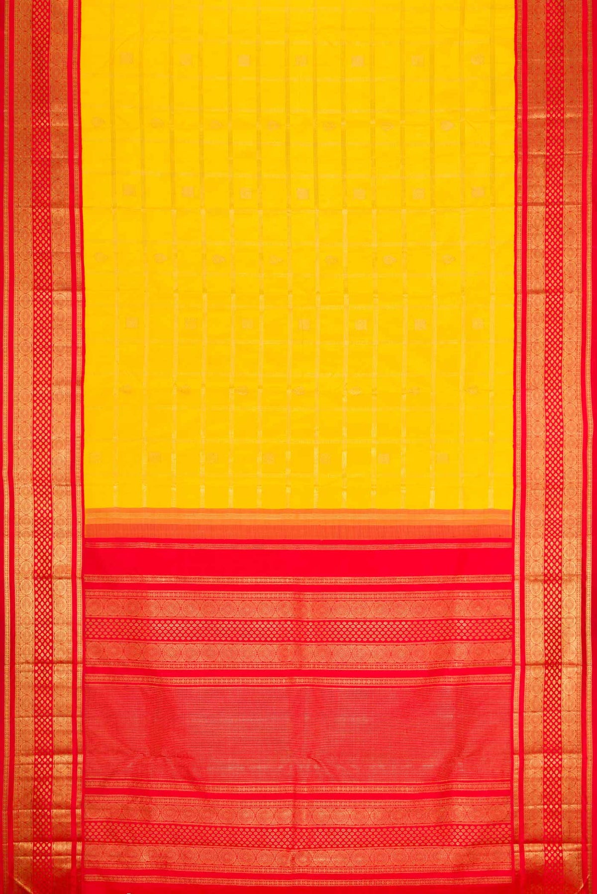 Flat view of Pure Silk Pure Zari Yellow Dual Tone Kanchipuram Saree with Checked design on the body and Zari Border