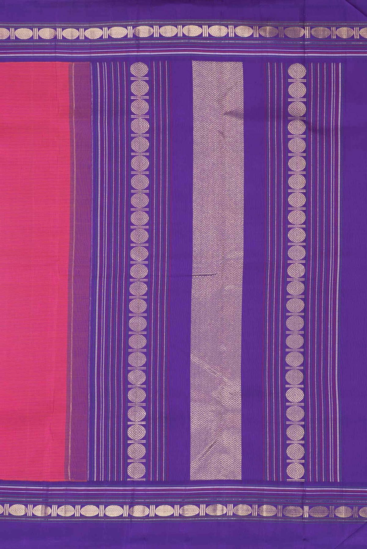 Close up image of the pallu of Pink Dual Tone Kanchipuram Saree with Stripes on the body and Zari Border