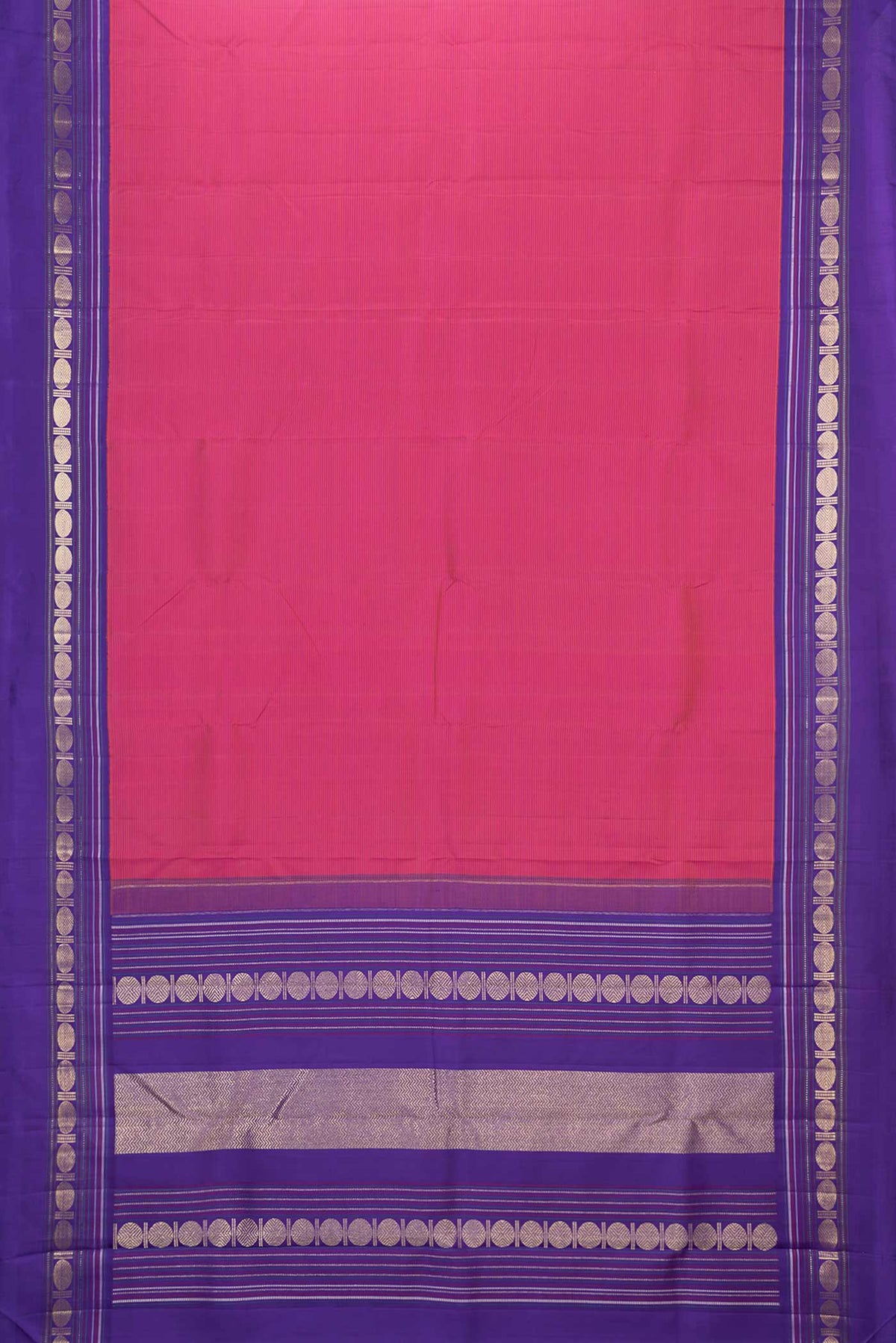 Flat view of Pink Dual Tone Kanchipuram Saree with Stripes on the body and Zari Border