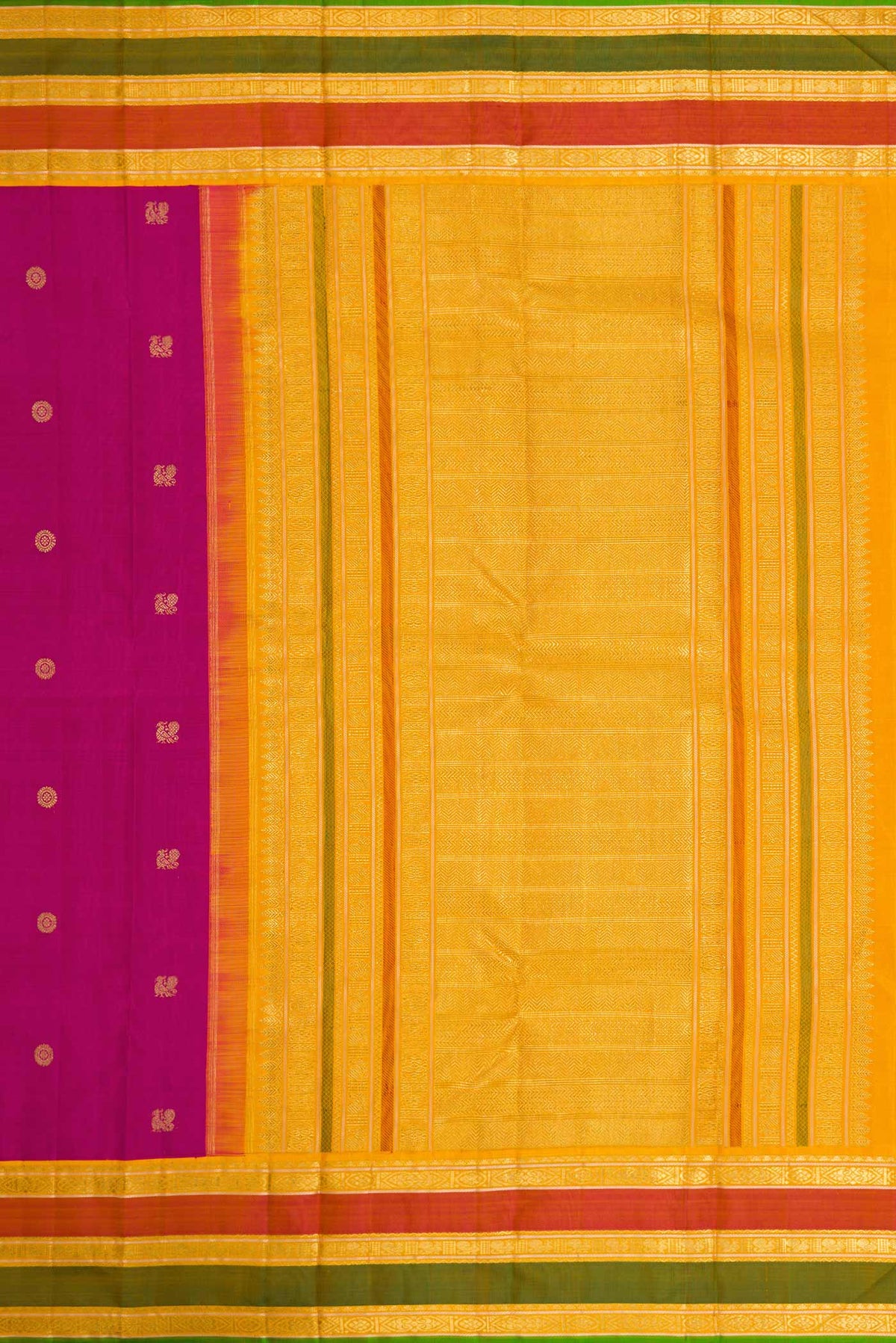 Close up image of the pallu of Pure Silk Pure Zari Magenta Dual Tone Kanchipuram Saree with Zari Butta on the body and Zari Border